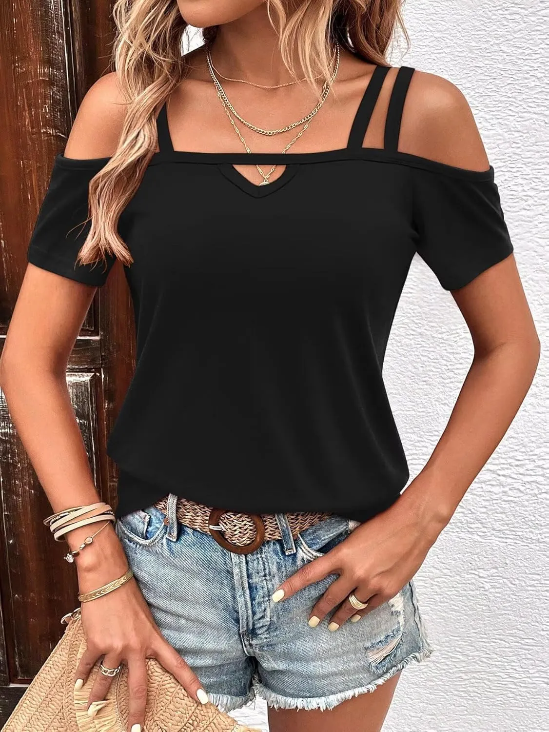 Bliwov Womens Cold Shoulder Tops Short Sleeve Cute Sexy Out Tops Strappy Criss Cross 2025 Summer Spring Beach T Shirts