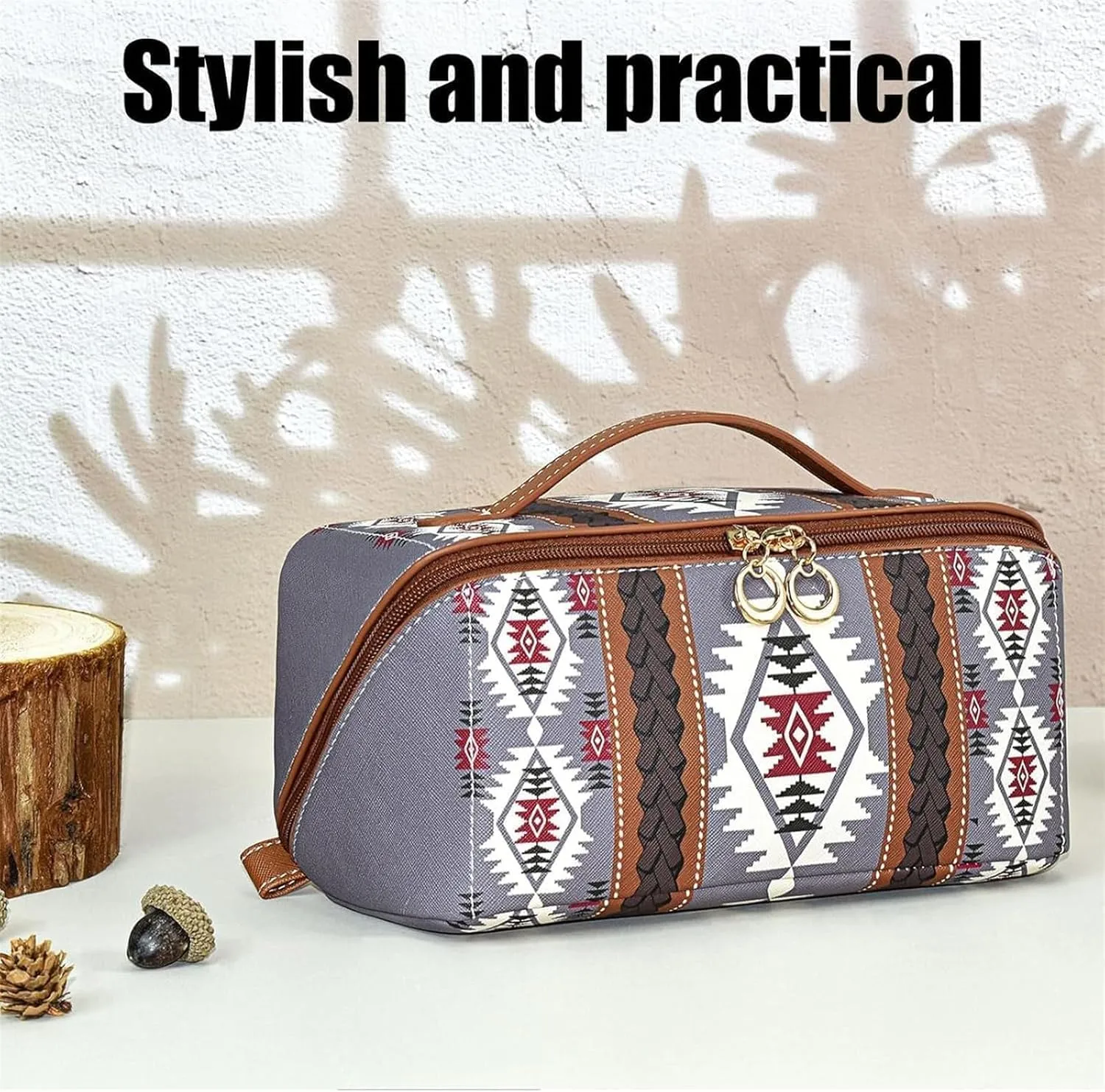 Boho Western Style Makeup Bag, PU Casual Colorblock Makeup Organizer Pouch, Versatile Waterproof Portable Organizer Pouch, Light Curry