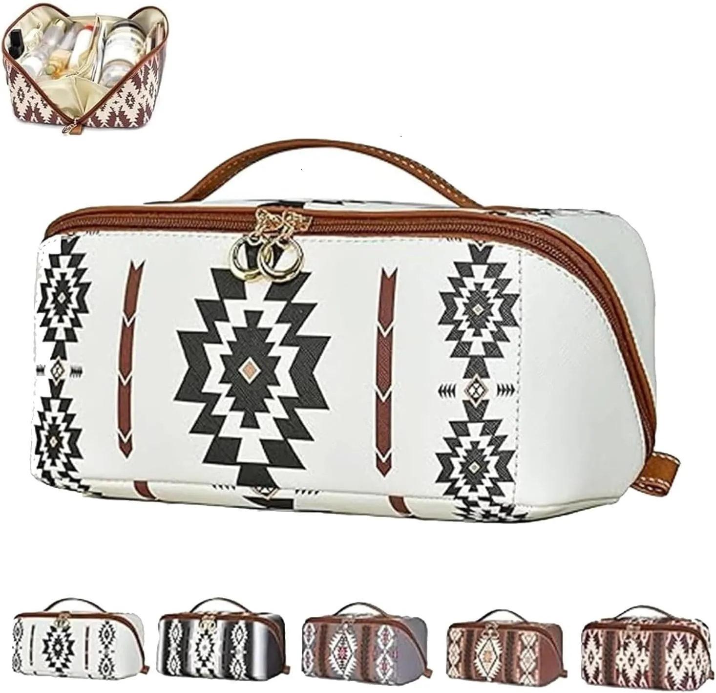 Boho Western Style Makeup Bag, PU Casual Colorblock Makeup Organizer Pouch, Versatile Waterproof Portable Organizer Pouch, White
