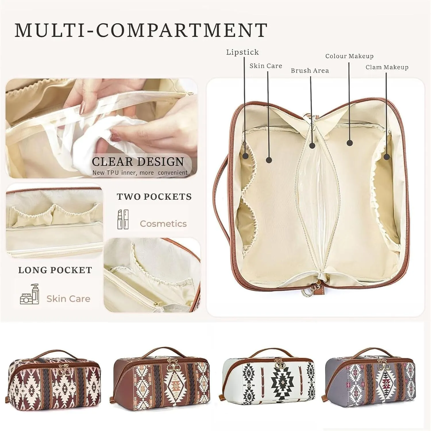 Boho Western Style Makeup Bag, PU Casual Colorblock Makeup Organizer Pouch, Versatile Waterproof Portable Organizer Pouch, White