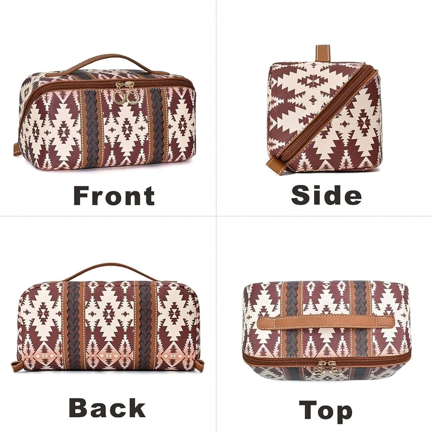 Boho Western Style Makeup Bag, PU Casual Colorblock Makeup Organizer Pouch, Versatile Waterproof Portable Organizer Pouch, White