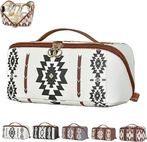 Boho Western Style Makeup Bag, PU Casual Colorblock Makeup Organizer Pouch, Versatile Waterproof Portable Organizer Pouch, White