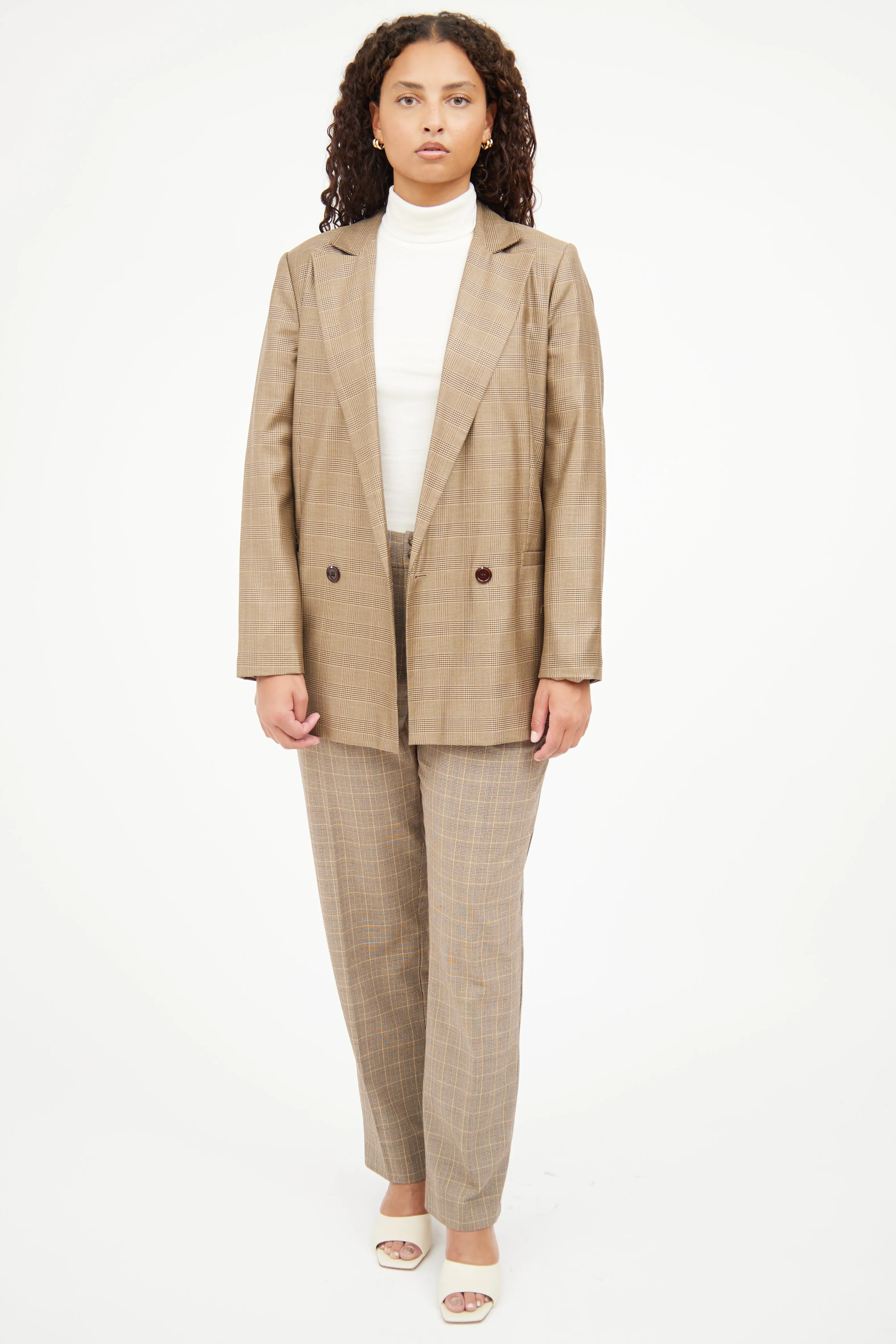 Brown Plaid Long Sleeve Blazer