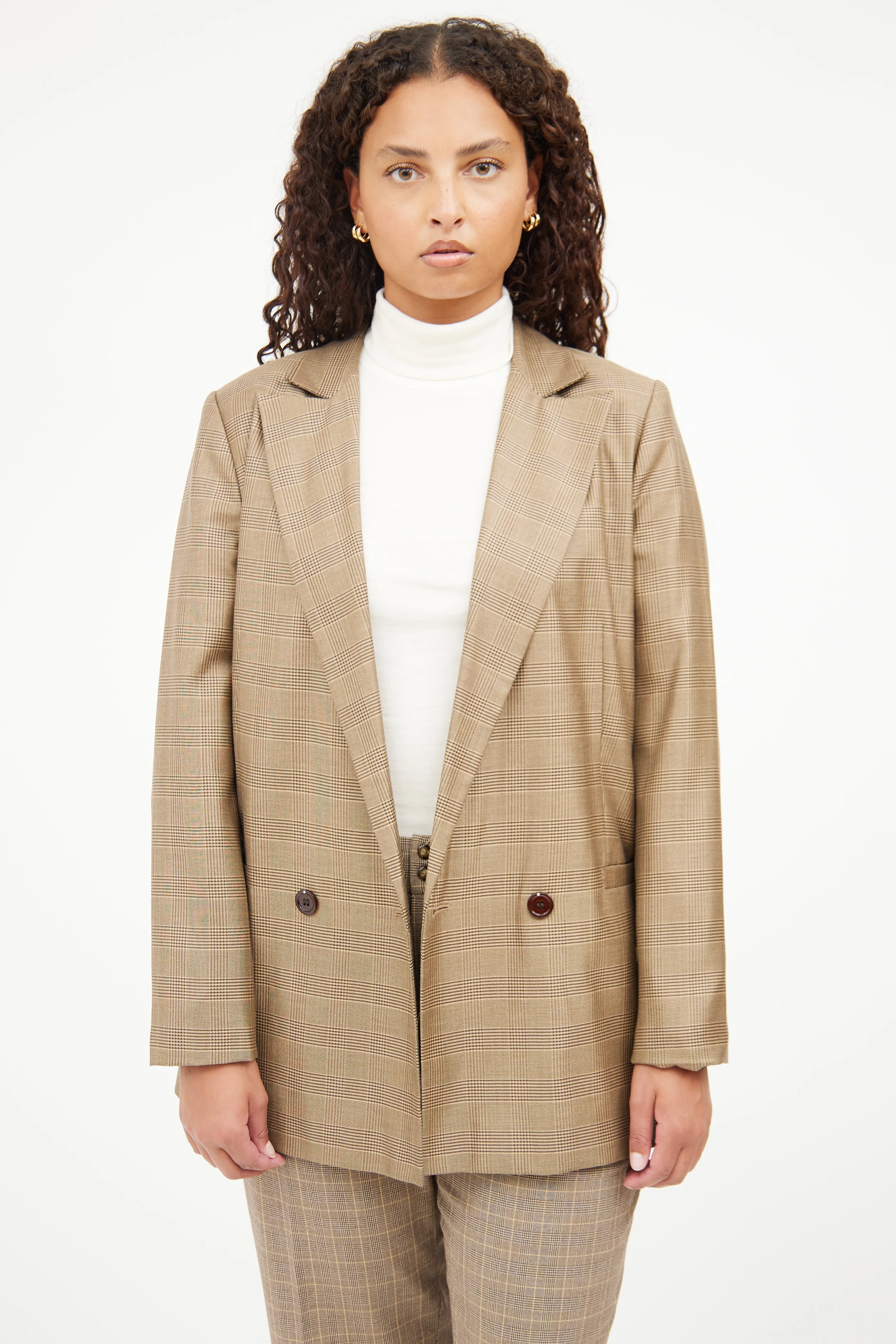 Brown Plaid Long Sleeve Blazer