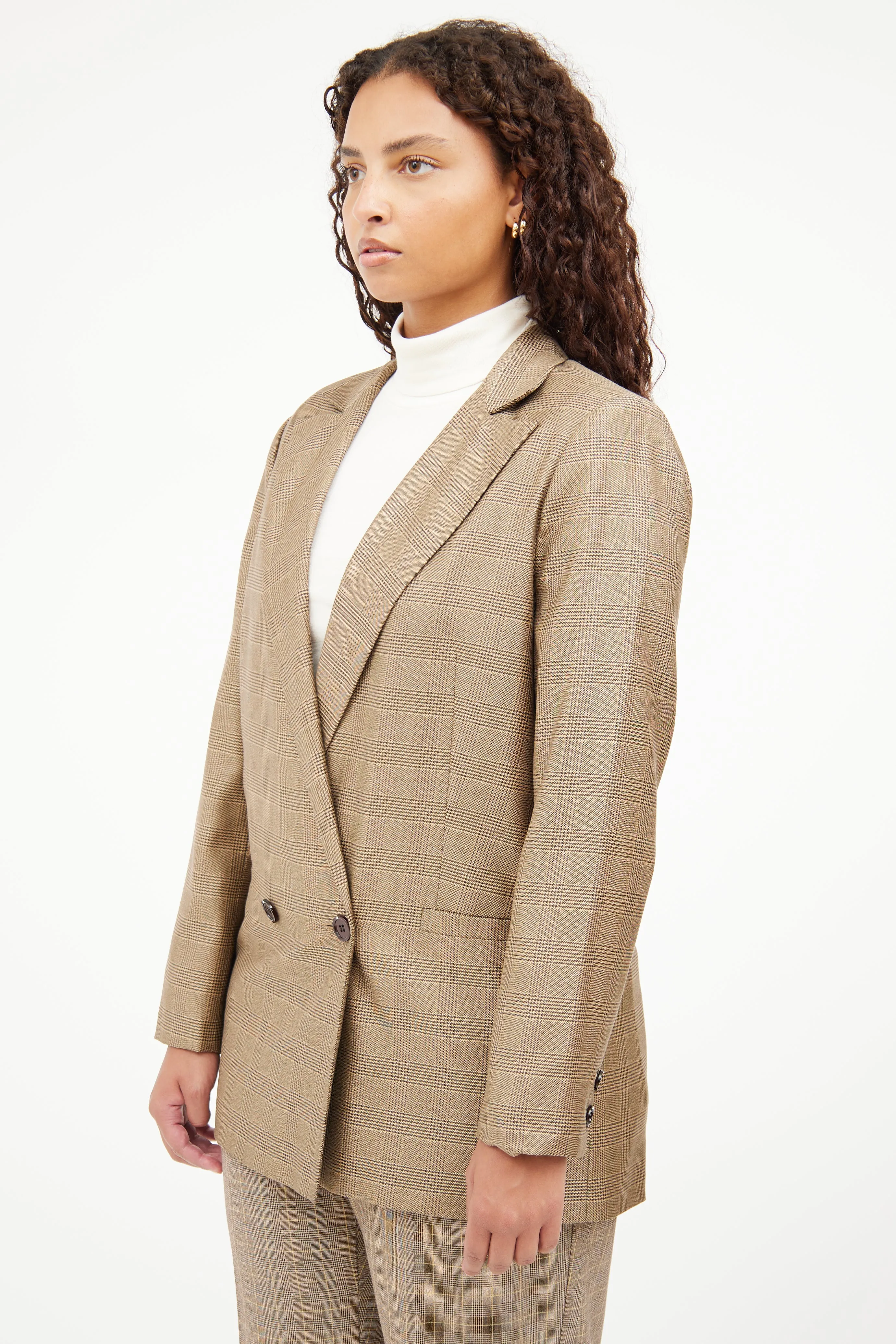 Brown Plaid Long Sleeve Blazer