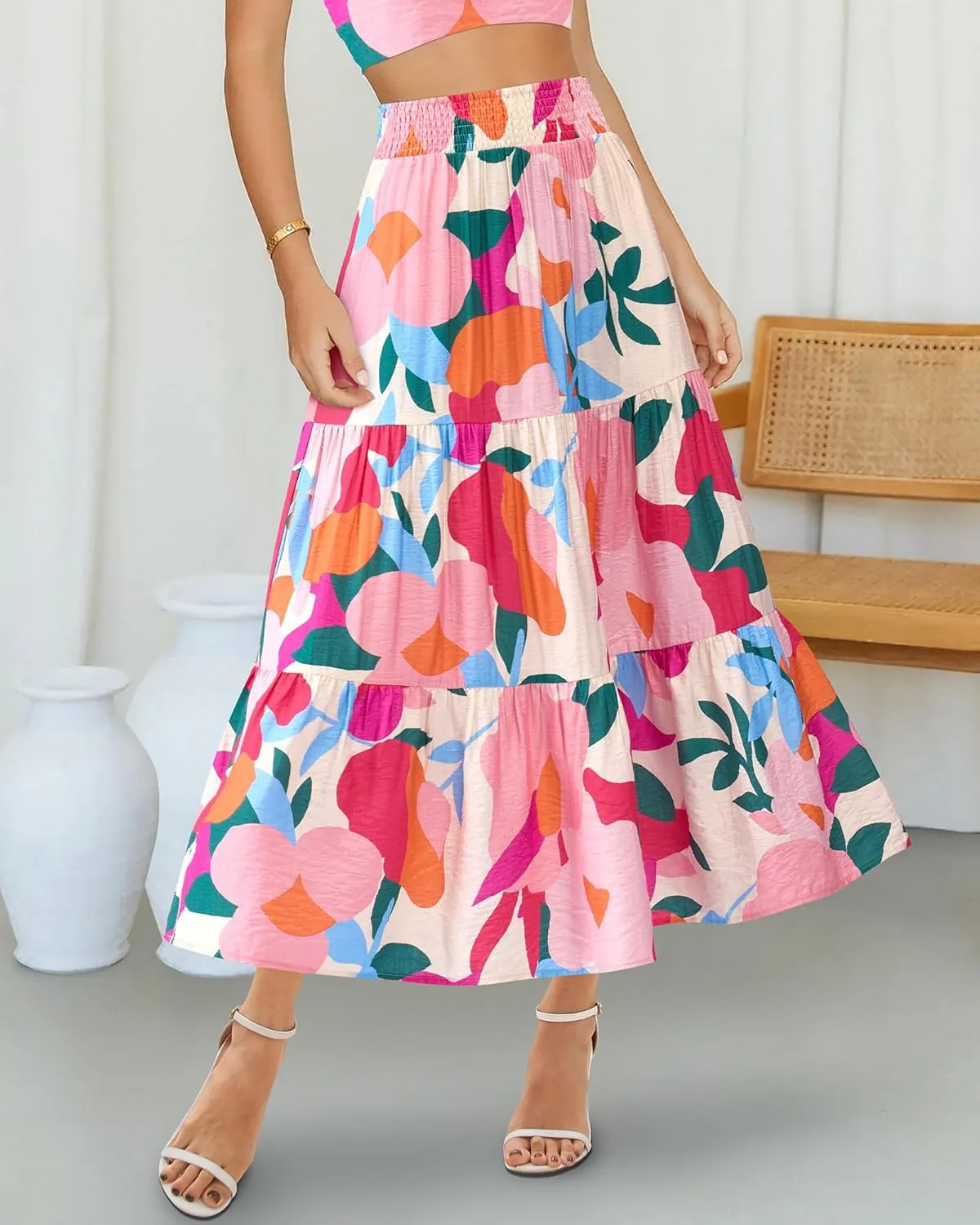 BTFBM Women's Floral Print Midi Maxi Skirts 2025 Summer Casual Aline Elastic High Waist Pleated Flowy Long Skirt Pockets