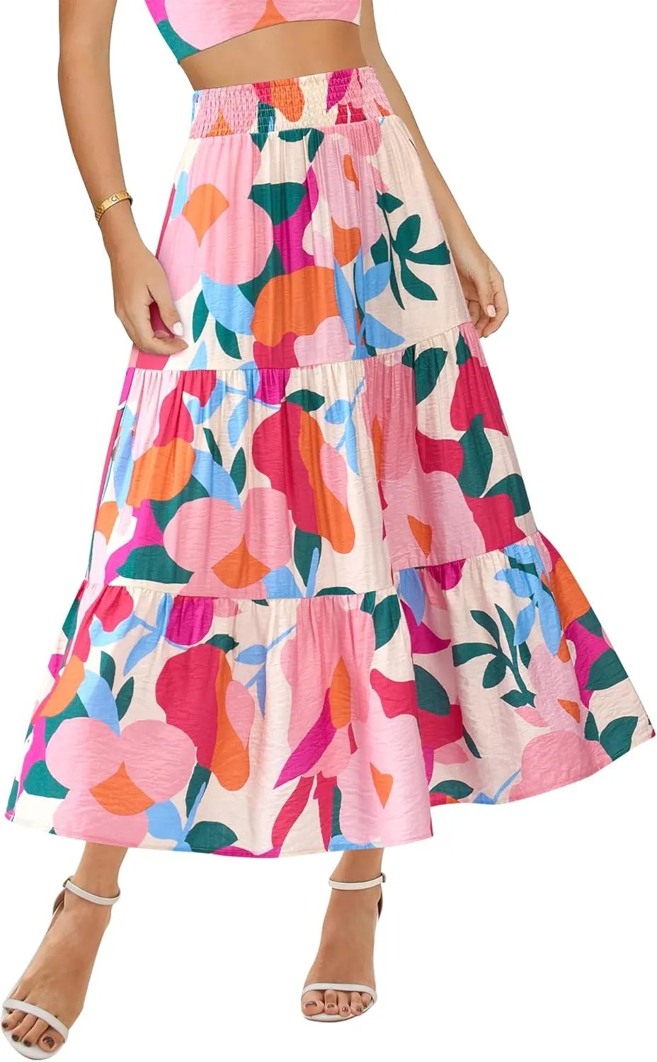 BTFBM Women's Floral Print Midi Maxi Skirts 2025 Summer Casual Aline Elastic High Waist Pleated Flowy Long Skirt Pockets