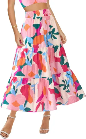 BTFBM Women's Floral Print Midi Maxi Skirts 2025 Summer Casual Aline Elastic High Waist Pleated Flowy Long Skirt Pockets