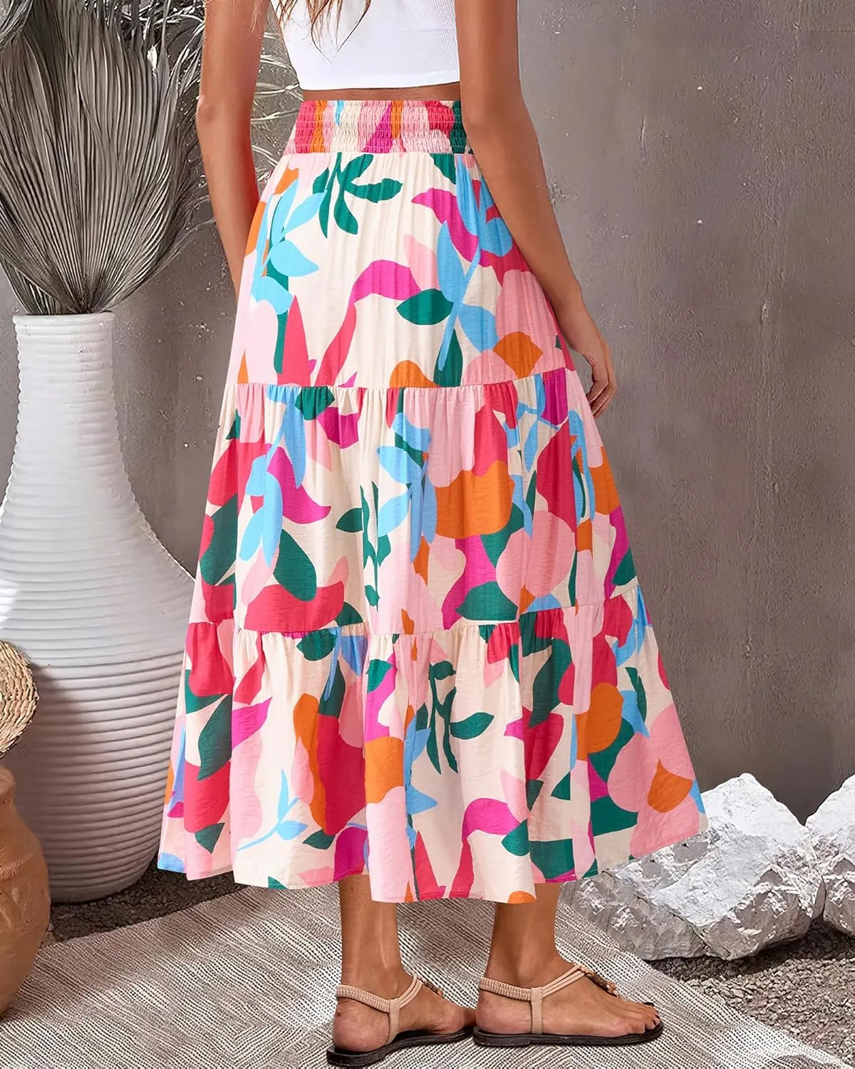 BTFBM Women's Floral Print Midi Maxi Skirts 2025 Summer Casual Aline Elastic High Waist Pleated Flowy Long Skirt Pockets