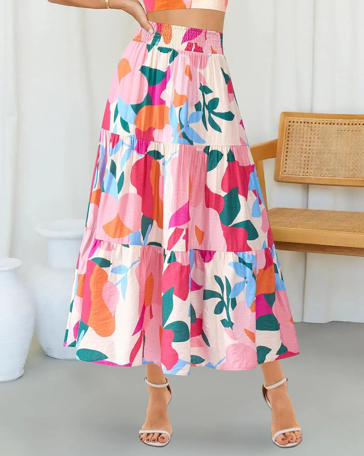 BTFBM Women's Floral Print Midi Maxi Skirts 2025 Summer Casual Aline Elastic High Waist Pleated Flowy Long Skirt Pockets