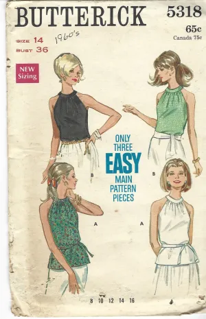 Butterick 5318 Ladies Sleeveless Blouse with Belt Vintage Sewing Pattern 1960s