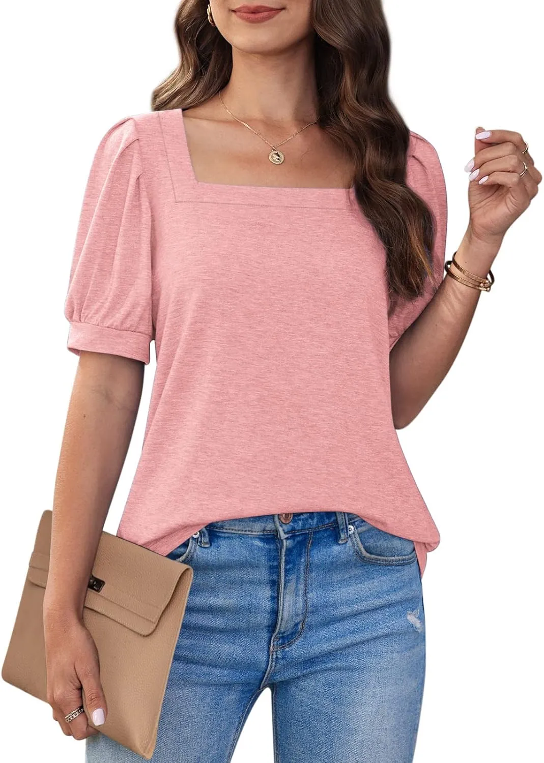 BZB Womens Square Neck Tops Trendy 2025 Short Puff Sleeve T Shirts Summer Casual Tunic Cute Tops S-2XL
