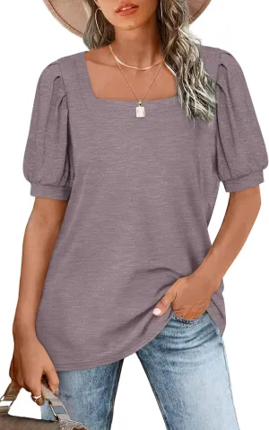 BZB Womens Square Neck Tops Trendy 2025 Short Puff Sleeve T Shirts Summer Casual Tunic Cute Tops S-2XL