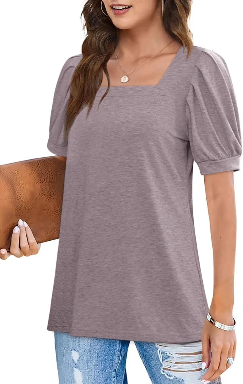 BZB Womens Square Neck Tops Trendy 2025 Short Puff Sleeve T Shirts Summer Casual Tunic Cute Tops S-2XL