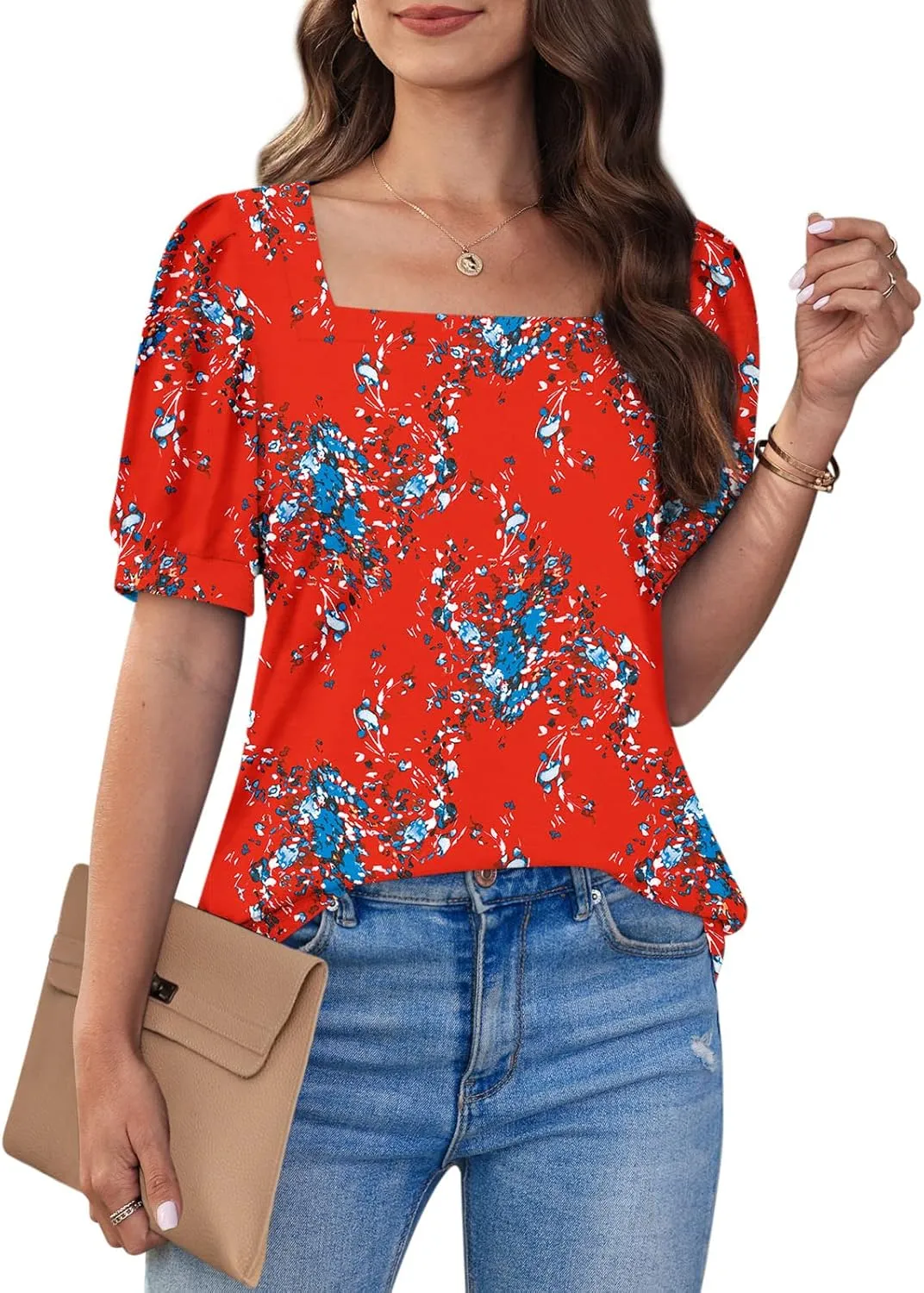 BZB Womens Square Neck Tops Trendy 2025 Short Puff Sleeve T Shirts Summer Casual Tunic Cute Tops S-2XL