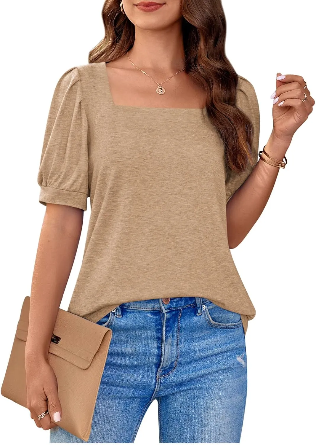 BZB Womens Square Neck Tops Trendy 2025 Short Puff Sleeve T Shirts Summer Casual Tunic Cute Tops S-2XL