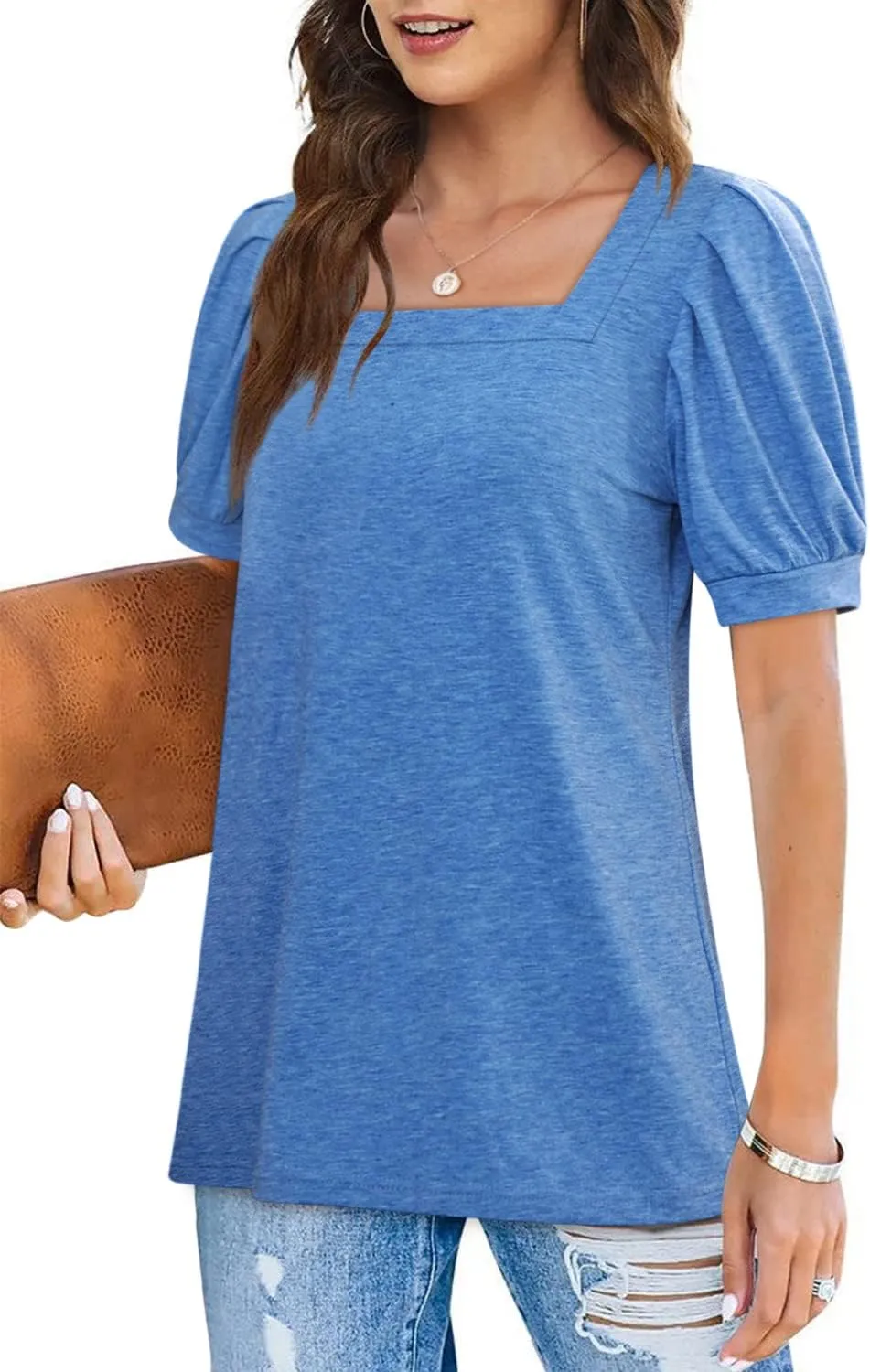 BZB Womens Square Neck Tops Trendy 2025 Short Puff Sleeve T Shirts Summer Casual Tunic Cute Tops S-2XL