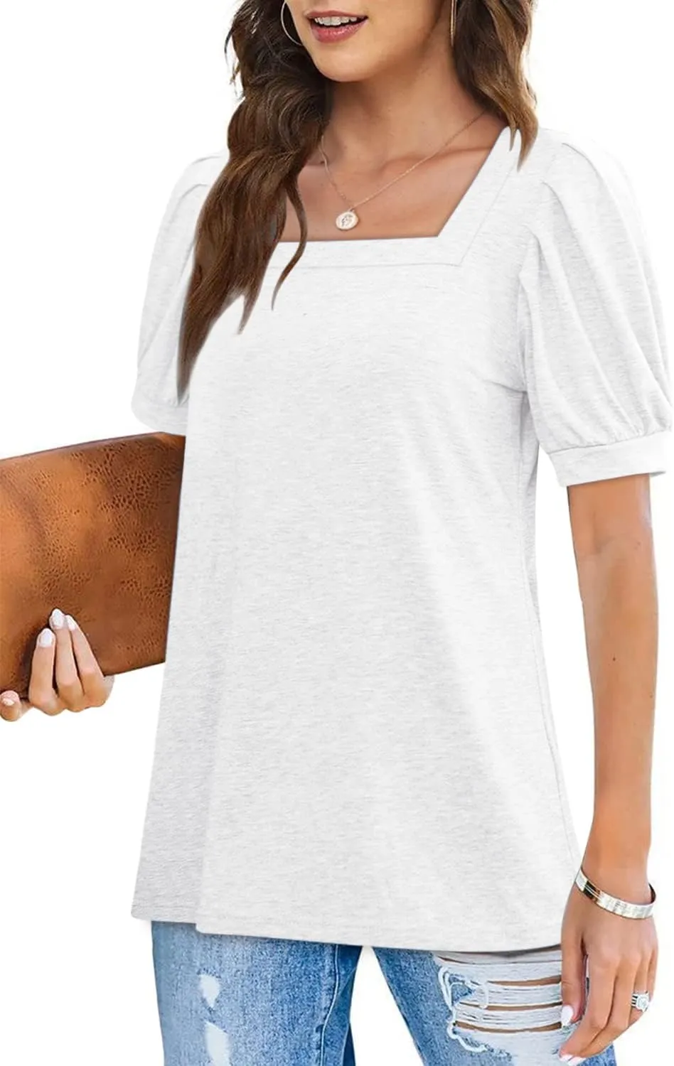 BZB Womens Square Neck Tops Trendy 2025 Short Puff Sleeve T Shirts Summer Casual Tunic Cute Tops S-2XL