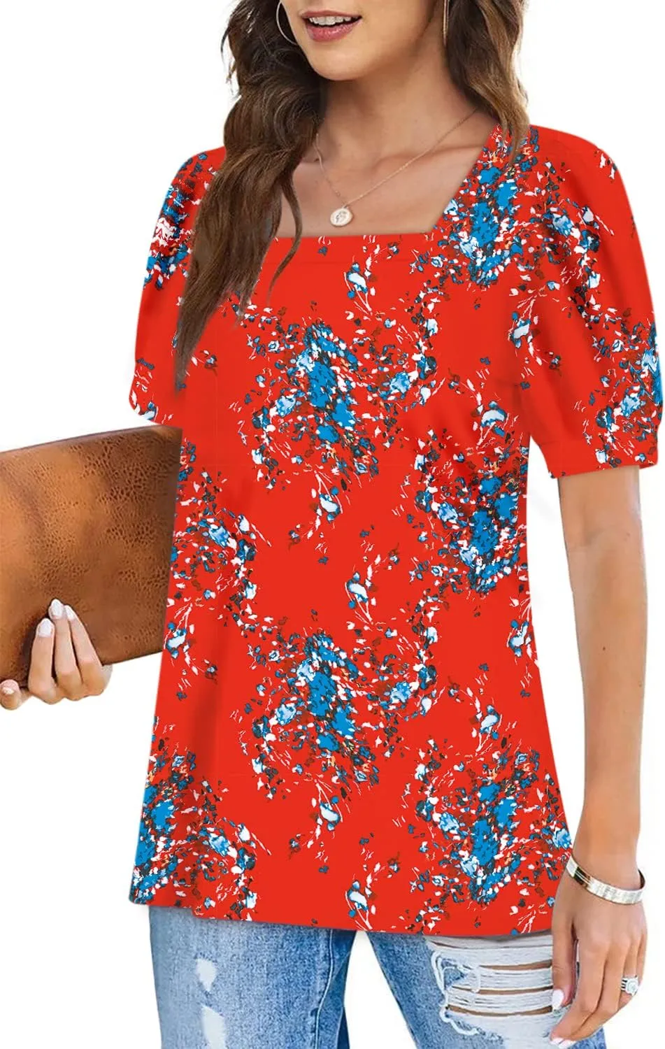 BZB Womens Square Neck Tops Trendy 2025 Short Puff Sleeve T Shirts Summer Casual Tunic Cute Tops S-2XL