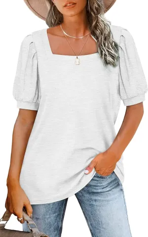 BZB Womens Square Neck Tops Trendy 2025 Short Puff Sleeve T Shirts Summer Casual Tunic Cute Tops S-2XL