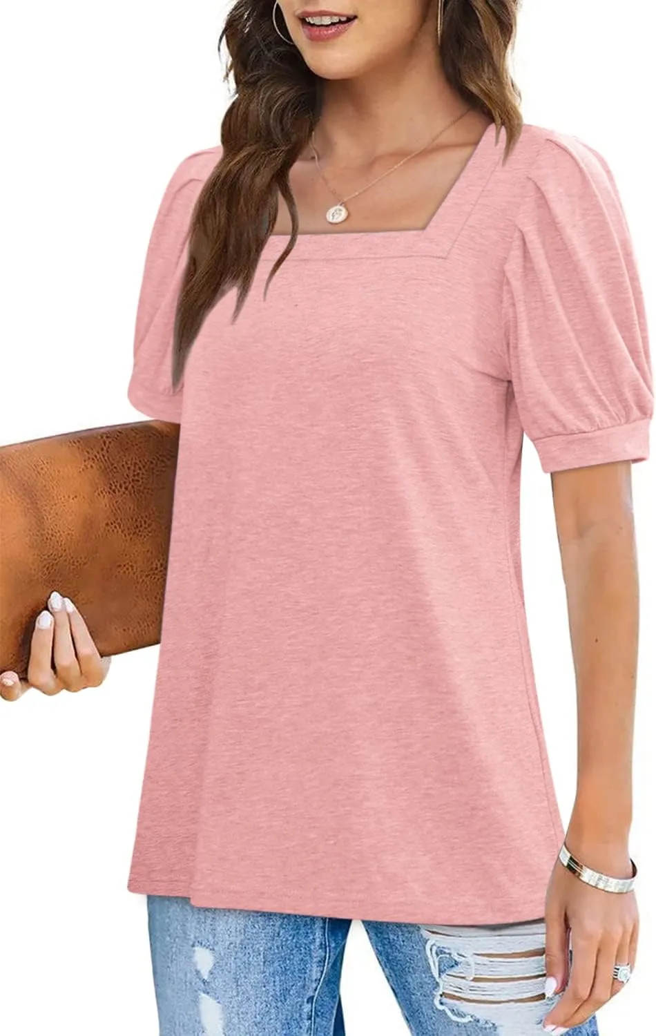 BZB Womens Square Neck Tops Trendy 2025 Short Puff Sleeve T Shirts Summer Casual Tunic Cute Tops S-2XL