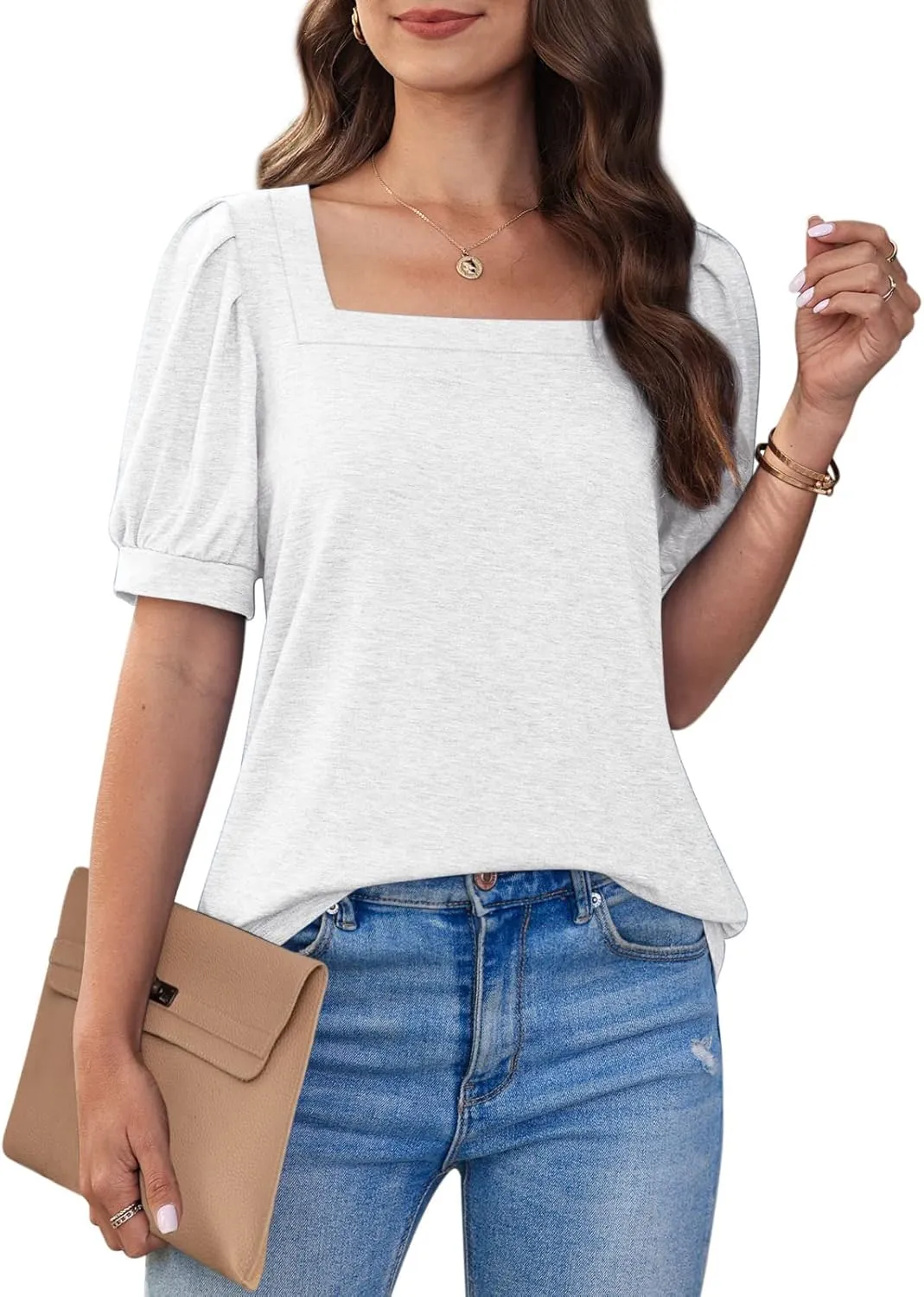 BZB Womens Square Neck Tops Trendy 2025 Short Puff Sleeve T Shirts Summer Casual Tunic Cute Tops S-2XL