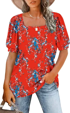 BZB Womens Square Neck Tops Trendy 2025 Short Puff Sleeve T Shirts Summer Casual Tunic Cute Tops S-2XL
