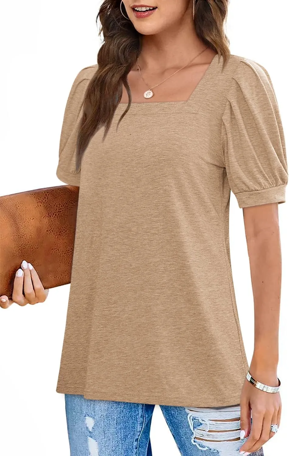 BZB Womens Square Neck Tops Trendy 2025 Short Puff Sleeve T Shirts Summer Casual Tunic Cute Tops S-2XL