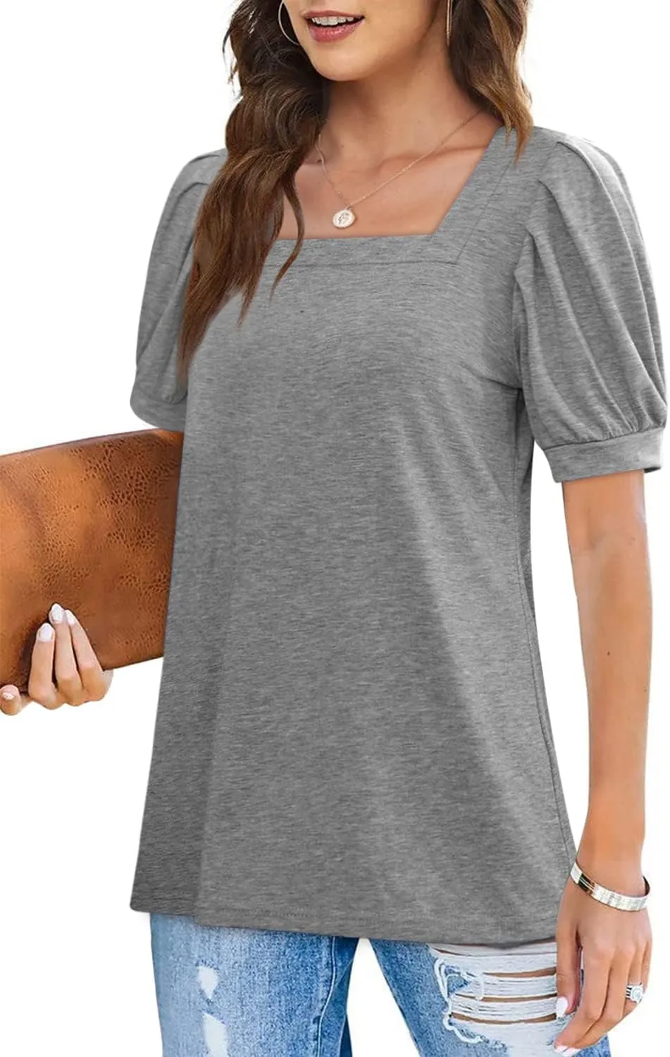 BZB Womens Square Neck Tops Trendy 2025 Short Puff Sleeve T Shirts Summer Casual Tunic Cute Tops S-2XL
