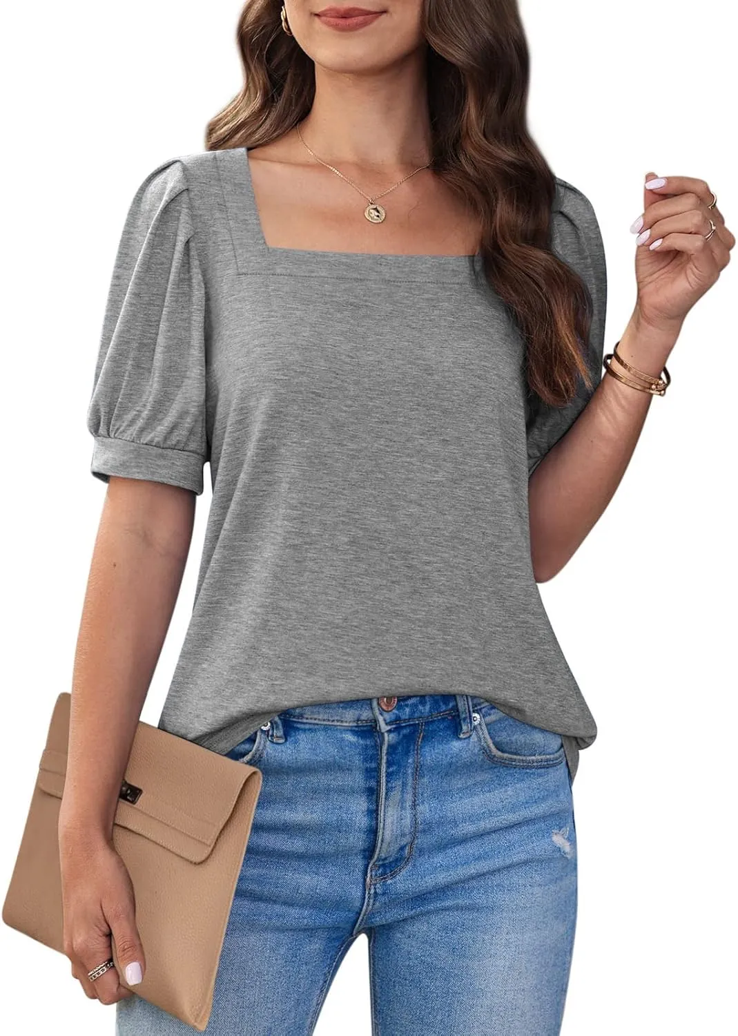 BZB Womens Square Neck Tops Trendy 2025 Short Puff Sleeve T Shirts Summer Casual Tunic Cute Tops S-2XL
