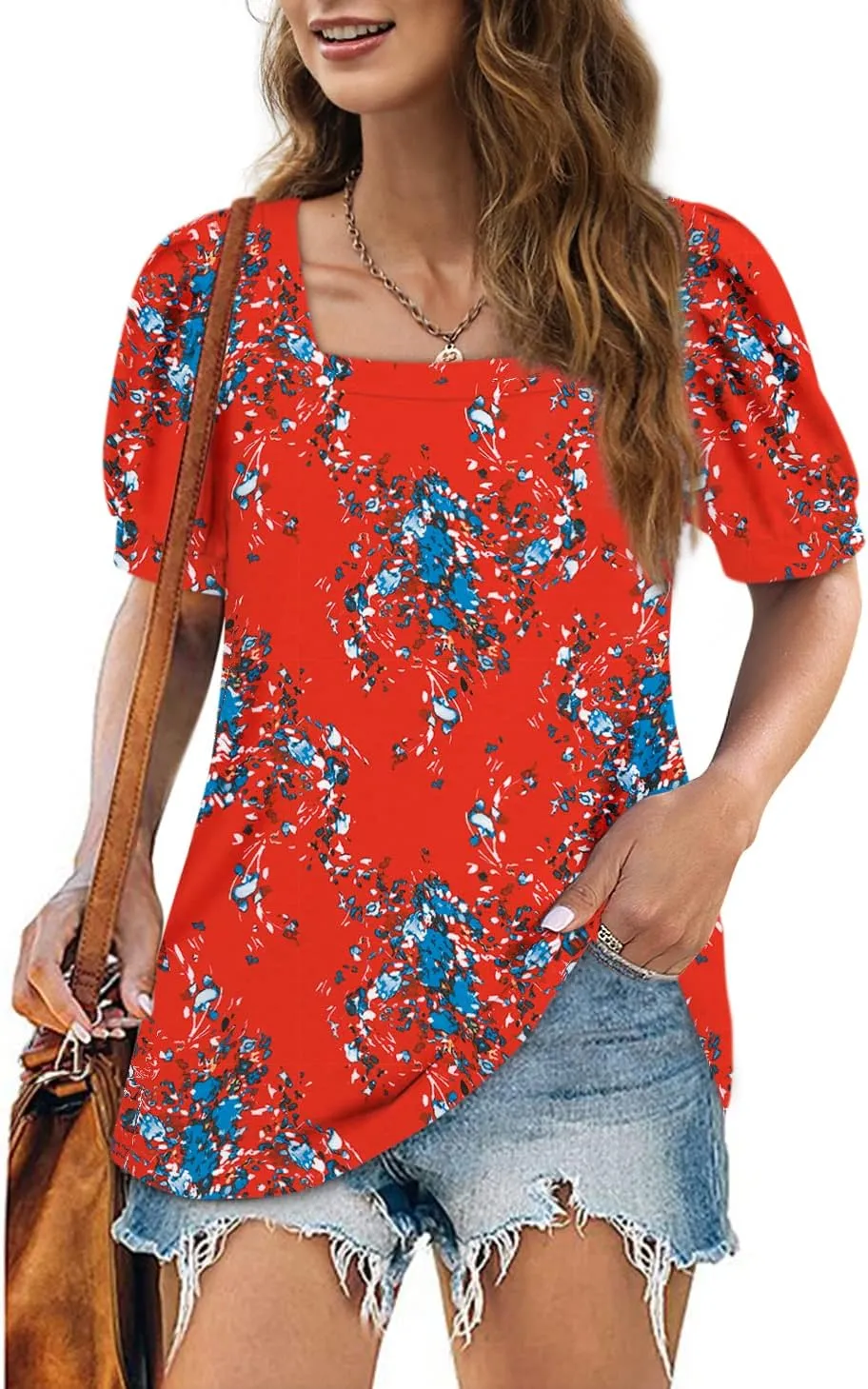 BZB Womens Square Neck Tops Trendy 2025 Short Puff Sleeve T Shirts Summer Casual Tunic Cute Tops S-2XL