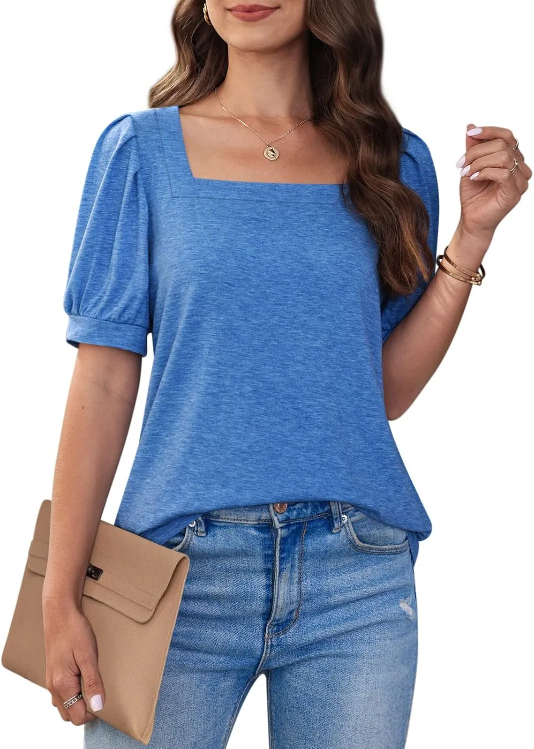 BZB Womens Square Neck Tops Trendy 2025 Short Puff Sleeve T Shirts Summer Casual Tunic Cute Tops S-2XL