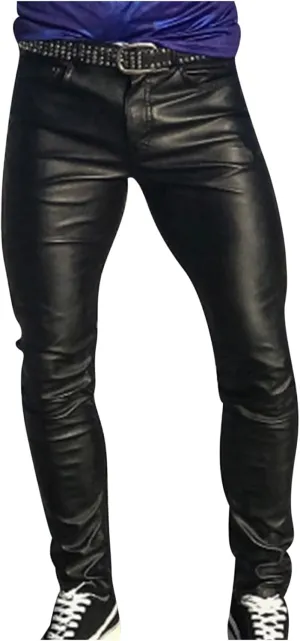 Cambkatl Men's Classic Leather Pants Retro Gothic Slim Fit Fashion Stretch Tight Trousers Night Club Metallic Moto Jeans
