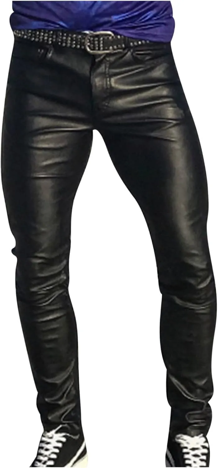 Cambkatl Men's Classic Leather Pants Retro Gothic Slim Fit Fashion Stretch Tight Trousers Night Club Metallic Moto Jeans
