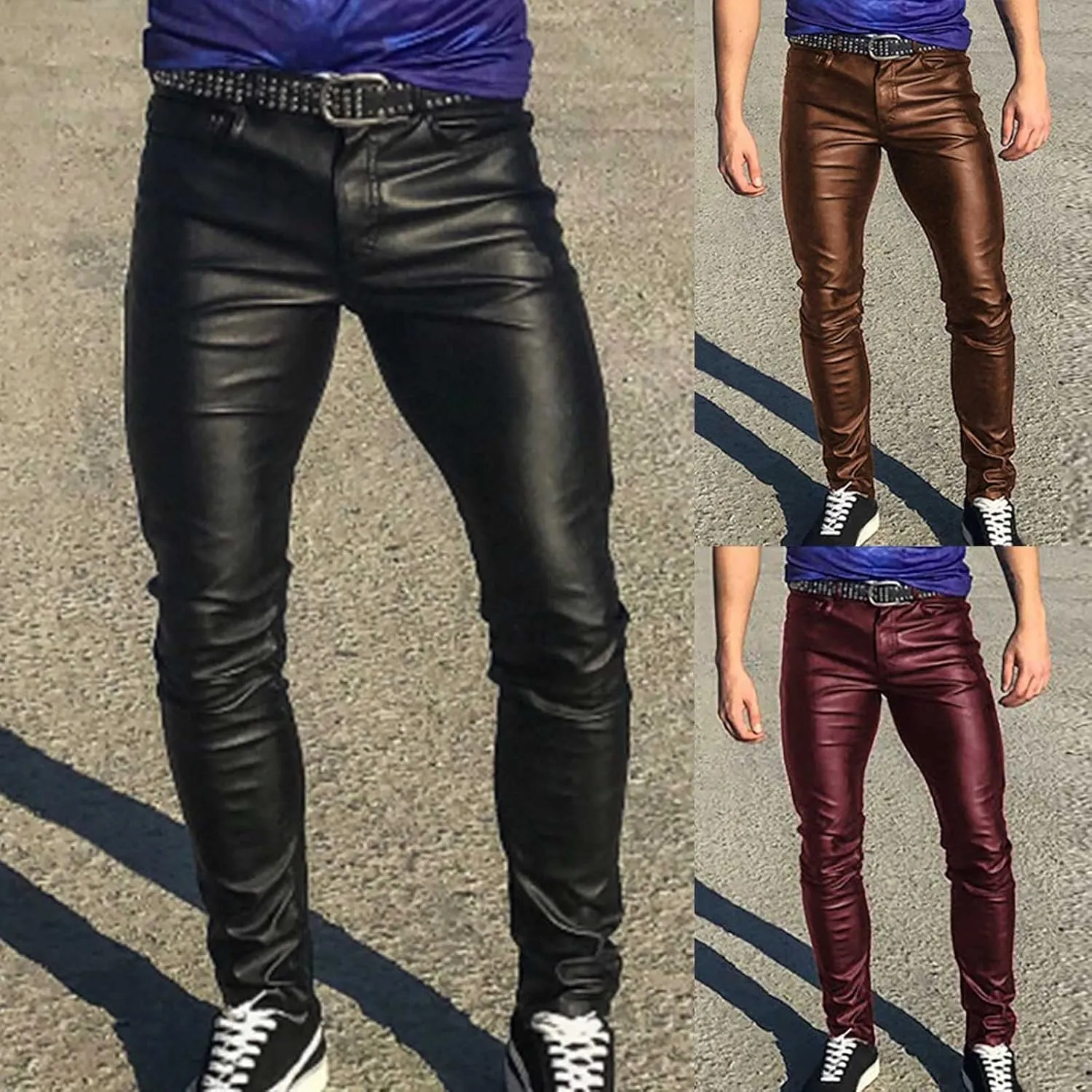 Cambkatl Men's Classic Leather Pants Retro Gothic Slim Fit Fashion Stretch Tight Trousers Night Club Metallic Moto Jeans