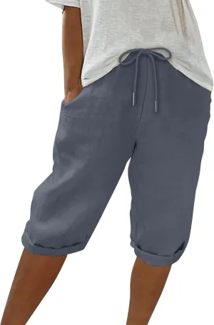 Capris Pants for Women Cotton Linen Summer 2025 Straight Wide Leg Loose Drawstring Elastic Waist Cropped Trouser