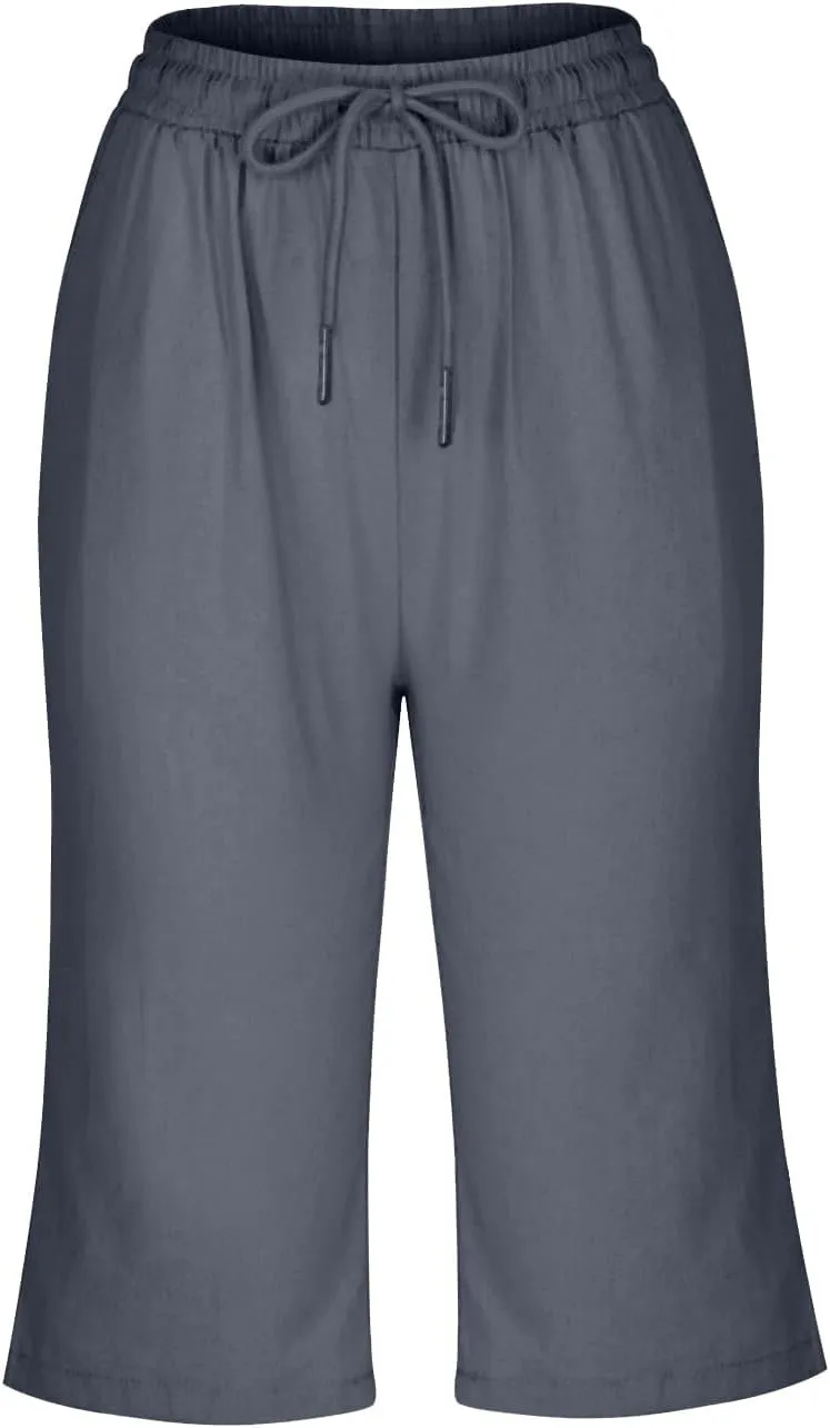 Capris Pants for Women Cotton Linen Summer 2025 Straight Wide Leg Loose Drawstring Elastic Waist Cropped Trouser