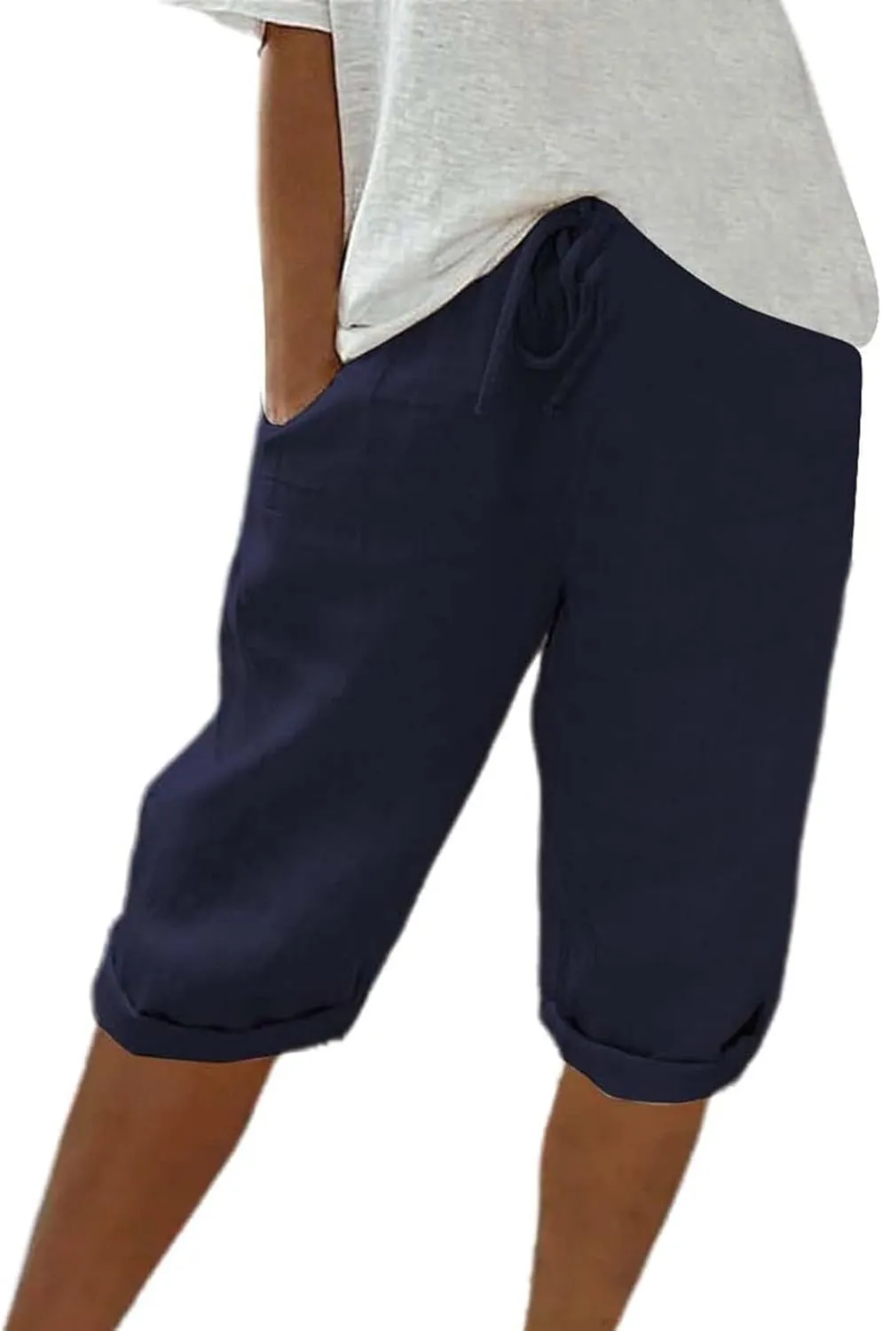 Capris Pants for Women Cotton Linen Summer 2025 Straight Wide Leg Loose Drawstring Elastic Waist Cropped Trouser