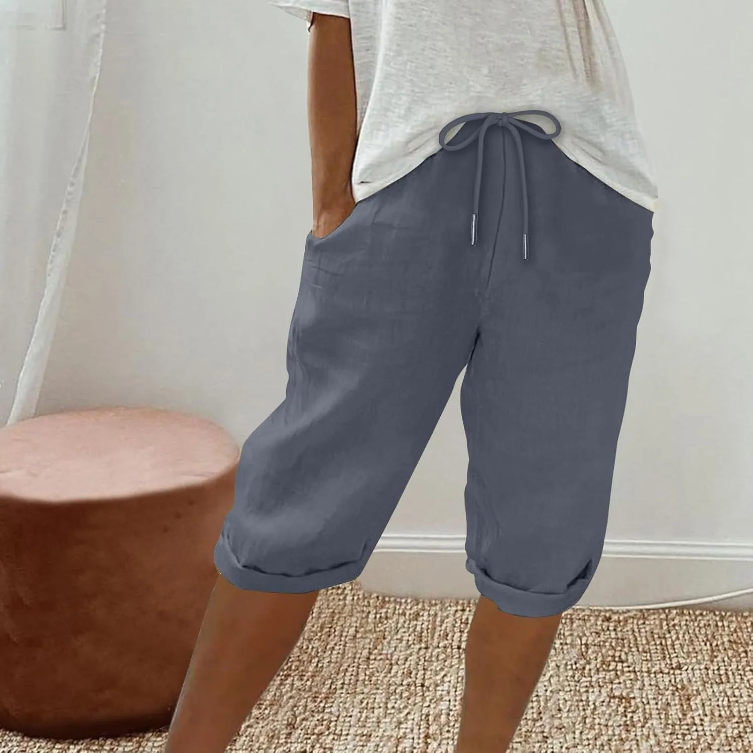 Capris Pants for Women Cotton Linen Summer 2025 Straight Wide Leg Loose Drawstring Elastic Waist Cropped Trouser