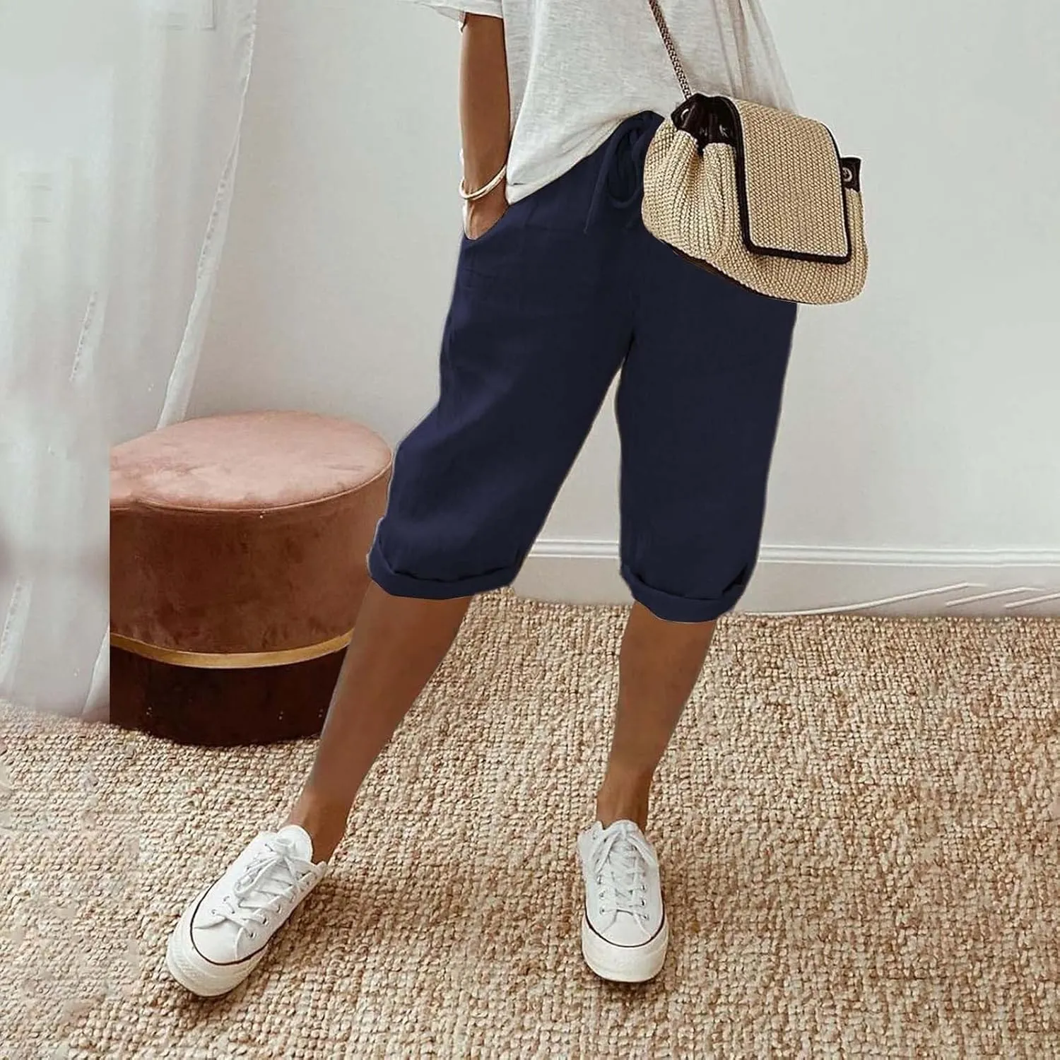 Capris Pants for Women Cotton Linen Summer 2025 Straight Wide Leg Loose Drawstring Elastic Waist Cropped Trouser