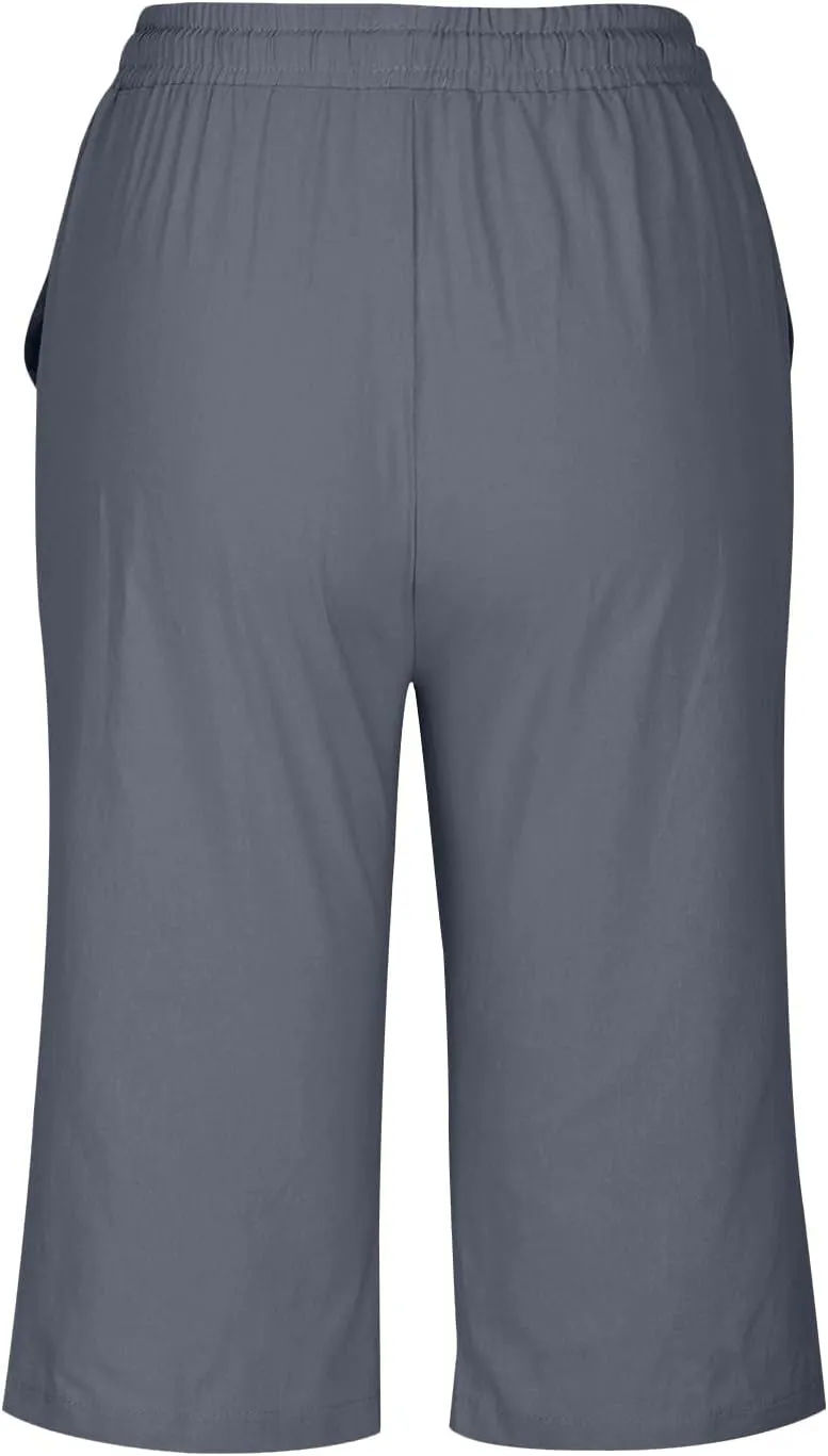Capris Pants for Women Cotton Linen Summer 2025 Straight Wide Leg Loose Drawstring Elastic Waist Cropped Trouser