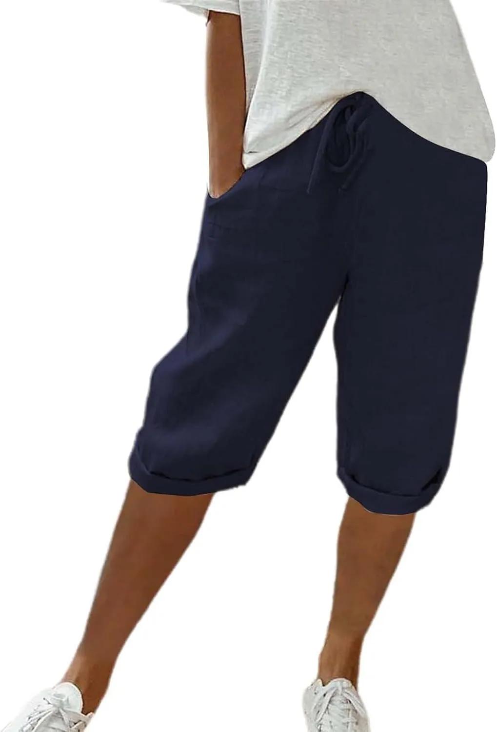 Capris Pants for Women Cotton Linen Summer 2025 Straight Wide Leg Loose Drawstring Elastic Waist Cropped Trouser