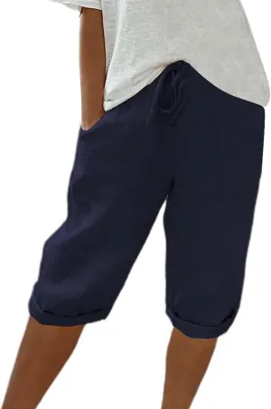 Capris Pants for Women Cotton Linen Summer 2025 Straight Wide Leg Loose Drawstring Elastic Waist Cropped Trouser