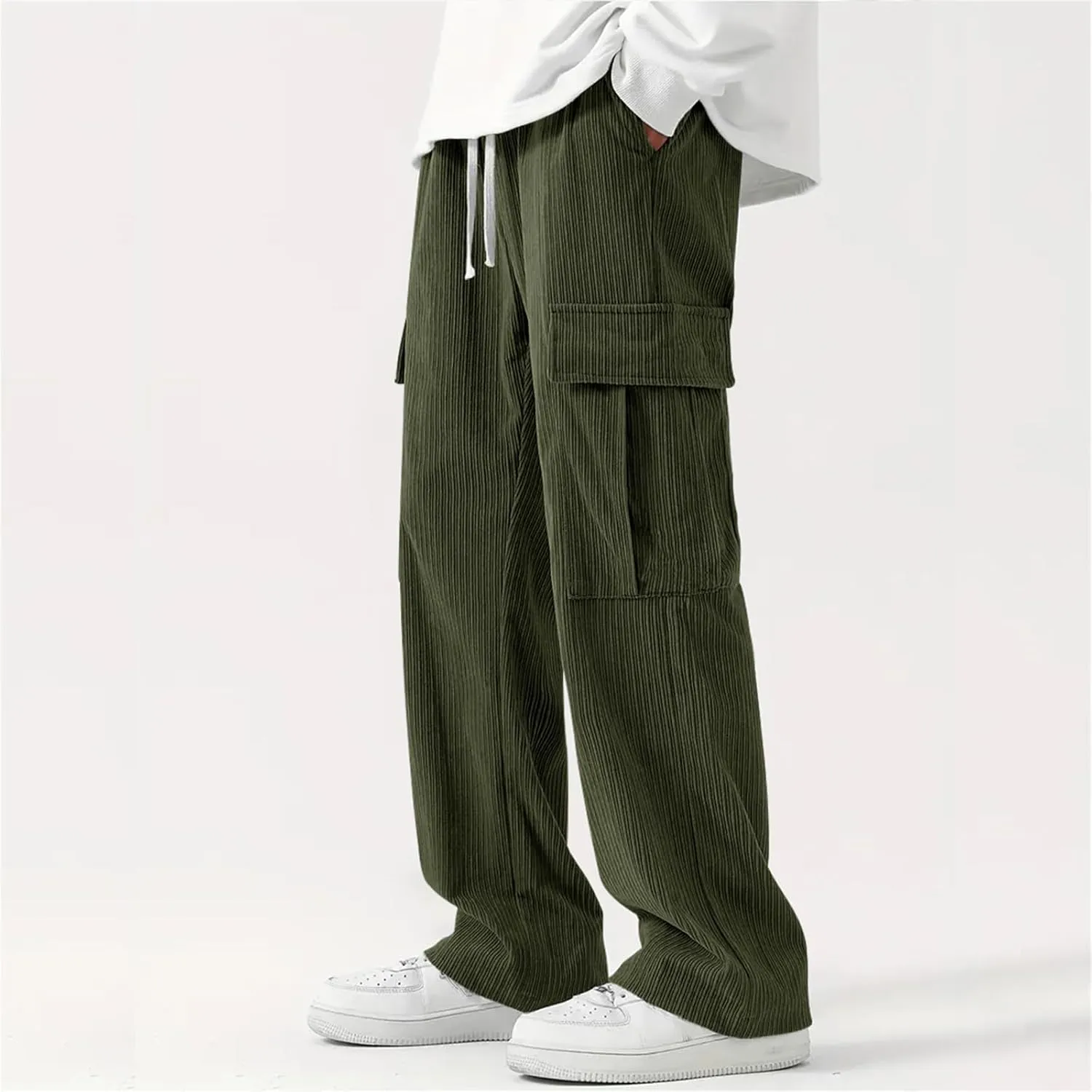 Cargo Pants for Men Corduroy Straight Wide Leg Casual Lightweight Breathable Loose Fit Trendy Soild Trousers Outdoor