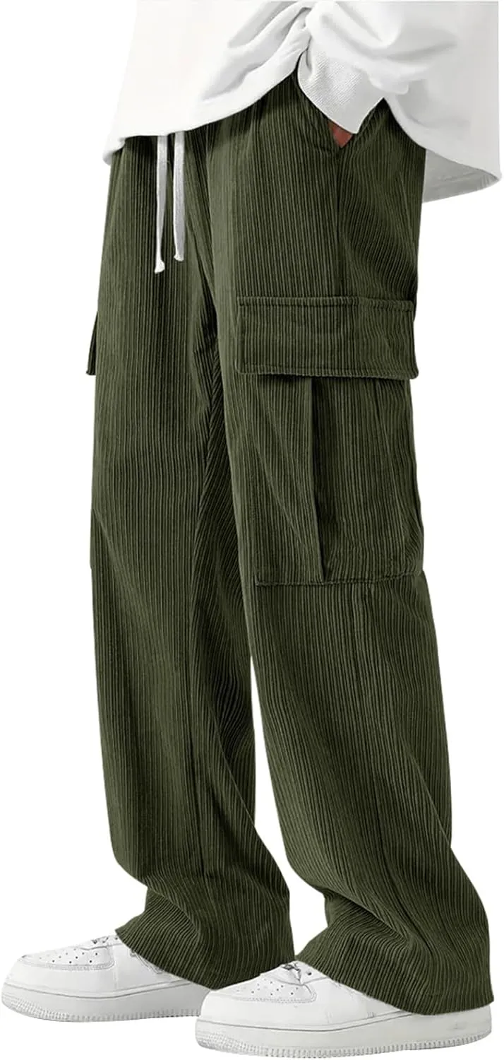Cargo Pants for Men Corduroy Straight Wide Leg Casual Lightweight Breathable Loose Fit Trendy Soild Trousers Outdoor