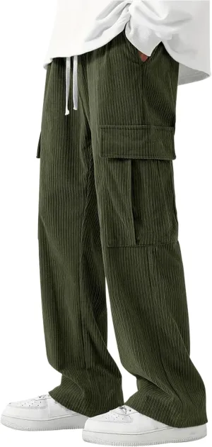 Cargo Pants for Men Corduroy Straight Wide Leg Casual Lightweight Breathable Loose Fit Trendy Soild Trousers Outdoor