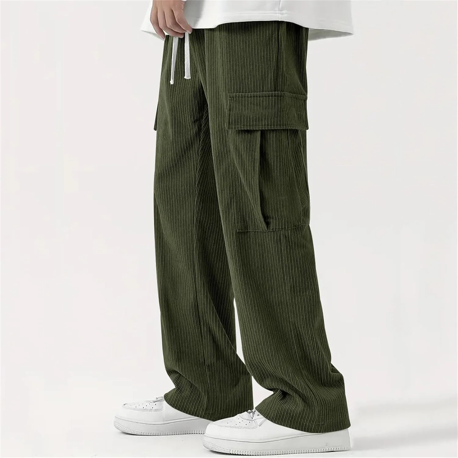 Cargo Pants for Men Corduroy Straight Wide Leg Casual Lightweight Breathable Loose Fit Trendy Soild Trousers Outdoor
