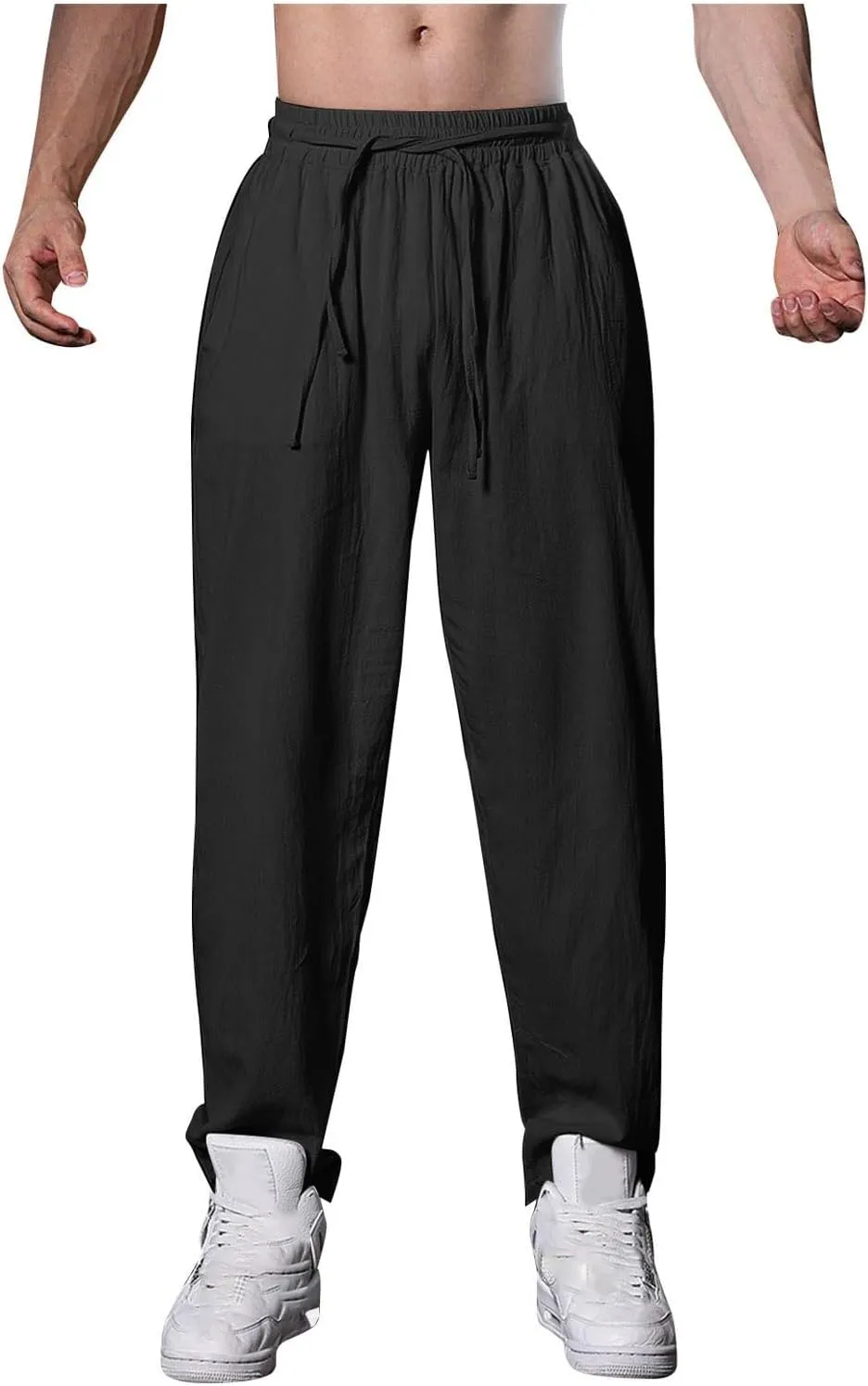 Casual Cotton Linen Pants for Men Summer Elastic Waist Drawstring Yoga Beach Pants Loose Fit Running Trousers Chino Pant Black