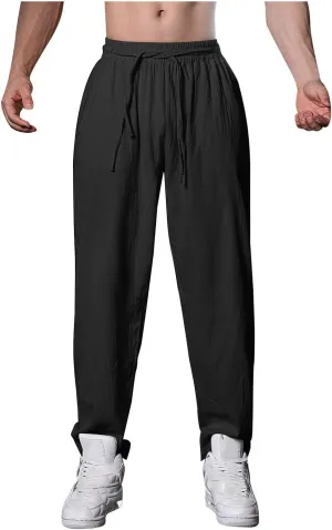 Casual Cotton Linen Pants for Men Summer Elastic Waist Drawstring Yoga Beach Pants Loose Fit Running Trousers Chino Pant Black