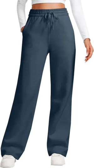 Casual High Waist Drawstring Straight Leg Trousers Loose Fit Comfy Workout Athletic Yoga Pants with Pockets for Women